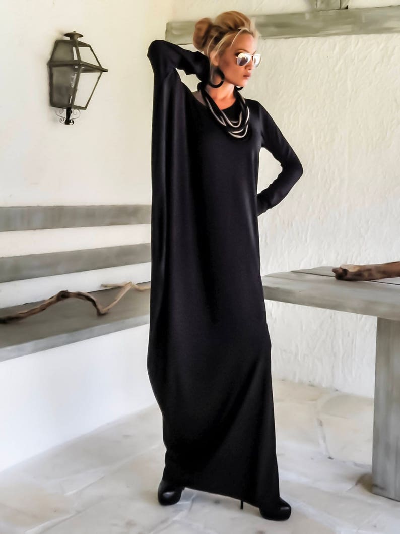 Black Maxi Dress, Open Back Viscose Gown with Slit image 3
