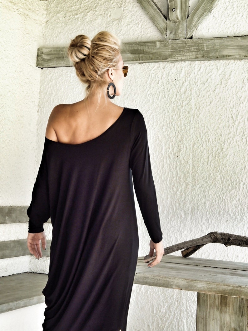 Black Maxi Long Sleeve Dress / Black Kaftan / Asymmetric Plus Size Dress / Plus Size Maxi Dress / Black Maxi Dress / Draping Dress / 35030 image 4