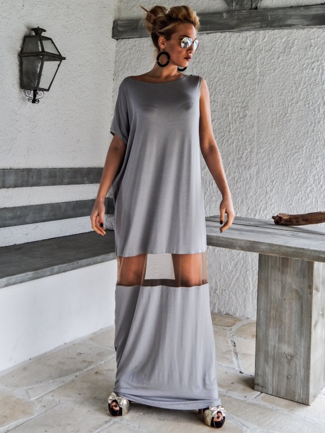 Light Gray Maxi Dress Kaftan With See-through Details / - Etsy