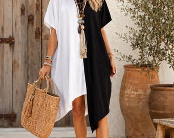Black White Asymmetrical Kaftan Dress for Women, Oversized Tunic Top, Boho Resort Wear, Loose Summer Caftan, Beach Vacation Dress