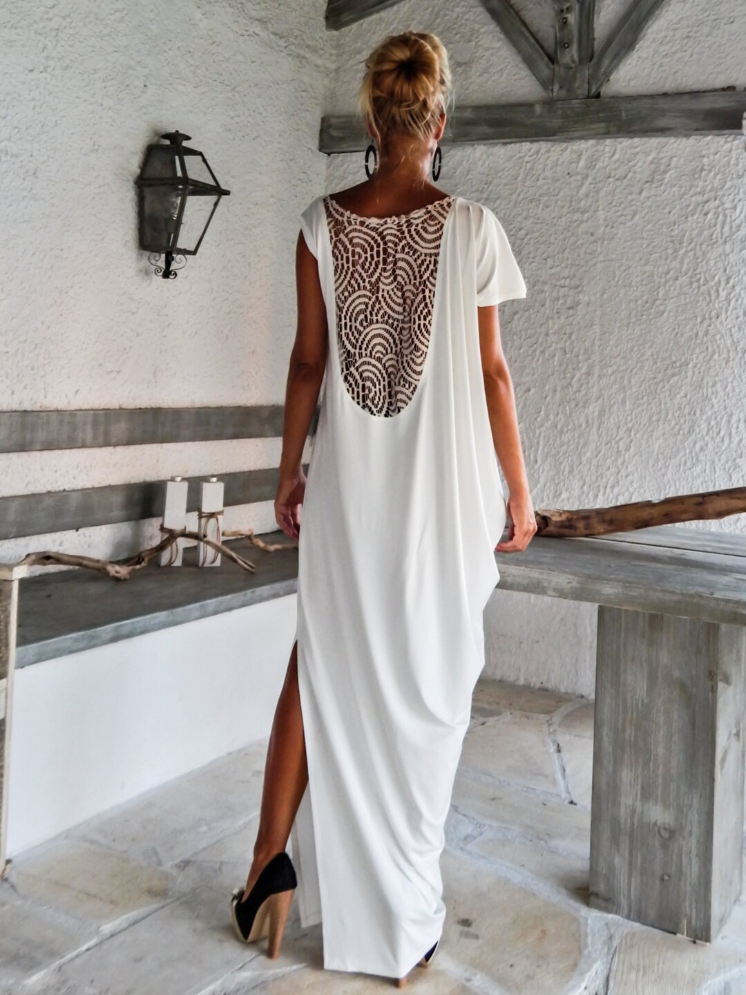 Ivory Maxi Dress Kaftan With Lace Mesh Details / Open Back - Etsy