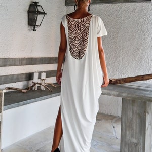 Ivory Maxi Dress Kaftan with Lace Mesh Details / Open Back Dress / Open Back Maxi Dress / Women Kaftan / Caftan / Evening Dress  / #35087