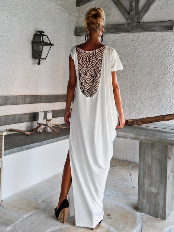 Ivory Maxi Dress Kaftan with Lace Mesh Details / Open Back | Etsy