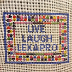 Lienzo bordado de malla 18 pintado a mano - Live Laugh Lexapro con borde de pastillas de colores