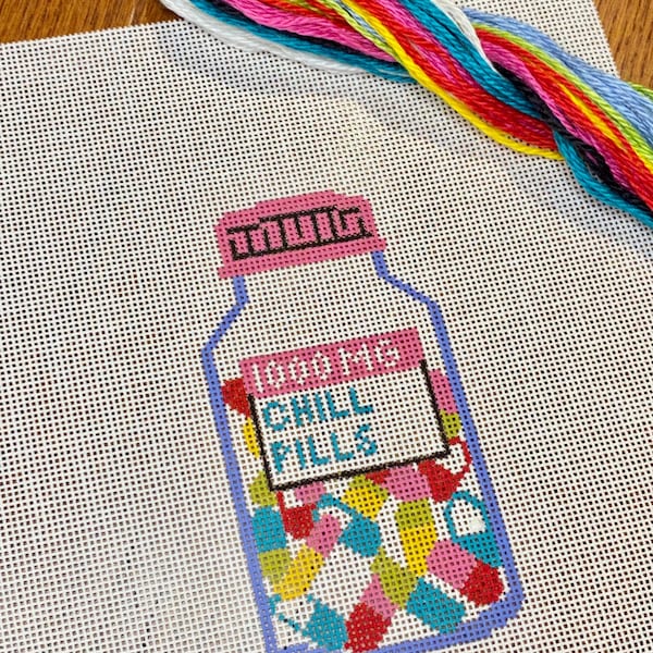 Hand painted 18 mesh needlepoint canvas - Bottle of colorful Chill Pills - optional threads