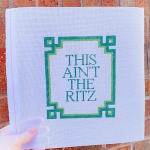 Hand painted 18 mesh needlepoint canvas - This Ain't the Ritz - with greek key border