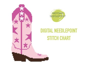 PDF Digital Needlepoint Downloadable Stitch Chart - Pink Cowgirl Boot with Stars