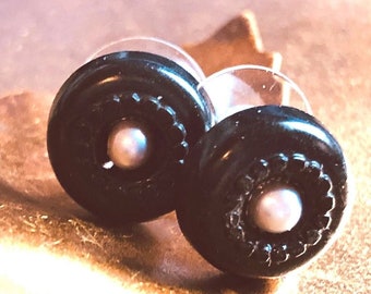Button Earrings Vintage Black BUTTONS Pink Pearl Center Post Back 1/2"