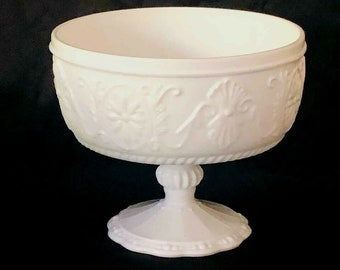 Vintage Large White Milk Glass Compote Footed Wedding Candy Bowl Indiana Glass Scrolled Floral Medallion Pedestal Base