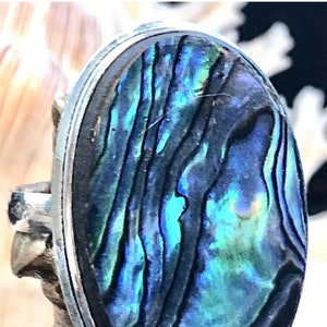 LARGE 1 1/4&quot; Australian Abalone Shell Ring Oval .925 Sterling Silver Size 9.5