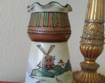 Vintage Nippon Moriage Scenic Footed Vase Hand Painted Windmill Landscape
