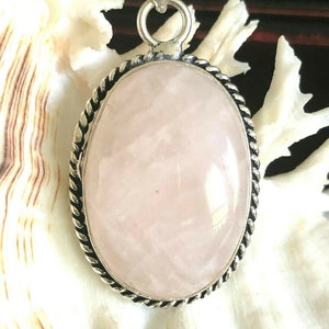 Natural Rose Quartz Gemstone Pendant Oval Rope Edge .925 Sterling Silver 1.75&quot;