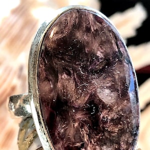 Large 1&quot; Purple Russian Charoite Ring Oval .925 Sterling Silver Size 9