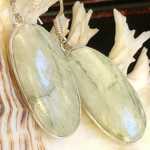 Natural Aqua Green Seraphinite Earrings Oval Dangle Drop .925 Sterling Silver 1 7/8&quot;