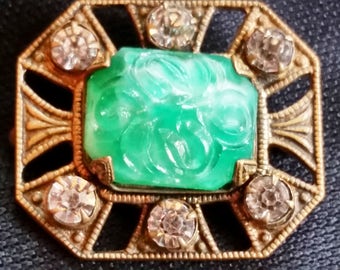 Antique Victorian Carved Peking Glass Green Faux Jade Brooch Pin Smoky Rhinestone Beaded Edge Brass