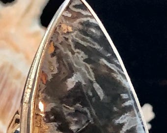 LARGE 1 1/2" Stick Agate Gemstone Statement Ring Unisex Teardrop .925 Sterling Silver Size 8