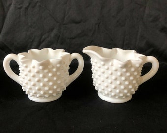 Vintage Fenton Hobnail Milk Glass Star Shaped Creamer and Open Sugar Handled 3"
