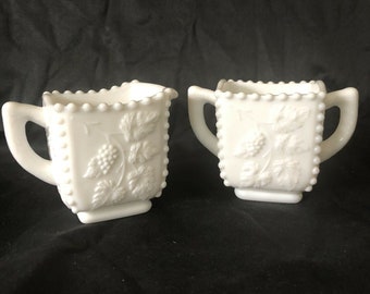 Westmoreland White Milk Glass Creamer & Open Sugar Set Beaded Paneled Grape 5"