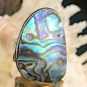 Large 1 1/8&quot; Australian Abalone Shell Ring Pear .925 Sterling Silver Size 6.5