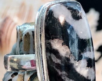 Large 1" Black and White Buffalo Stone Ring Rectangle .925 Sterling Silver Size 6 3/4