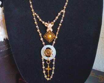 Religious Assemblage Necklace Repurposed Vintage Religious Jewelry Real Bone Crucifix Victorian Boho Renaissance Gypsy Hippie Handmade 28"