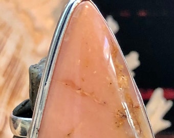 LARGE 1 3/8" Natural Pink Peruvian Opal Ring Teardrop .925 Sterling Silver Size 7.5