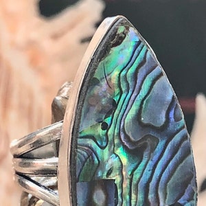 Large 1 1/8&quot; Australian Abalone Shell Ring Teardrop .925 Sterling Silver Size 8.5