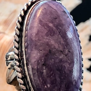 LARGE 1 3/8&quot; Purple Russian Charoite Ring Oval Rope Edge .925 Sterling Silver Size 7