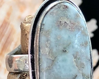 Large 1 1/8" Natural Larimar Gemstone Ring Oval .925 Sterling Silver Size 8