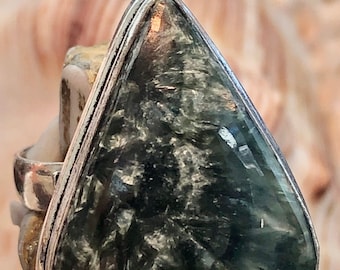 Large 1" Green Seraphinite Gemstone Ring Teardrop .925 Sterling Silver Size 7