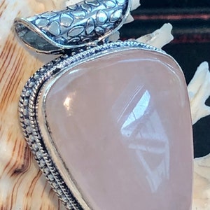 Large 2 1/8&quot; Natural Rose Quartz Gemstone Pendant Teardrop Boho Style .925 Sterling Silver