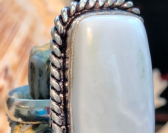 Large 1 1/4" Natural Owyhee Blue Opal Ring Rectangle Rope Edge .925 Sterling Silver Size 8