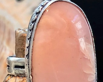 Large 1 1/4" Natural Pink Peruvian Opal Ring Oval .925 Sterling Silver Size 6.5