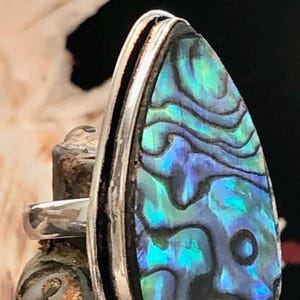 Large 1 1/4&quot; Australian Abalone Ring Teardrop .925 Sterling Silver Size 7.5