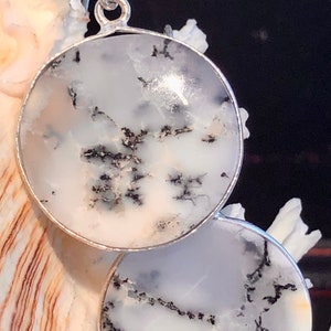 Natural Dendritic Opal Gemstone Earrings Round .925 Sterling Silver 1 5/8&quot;