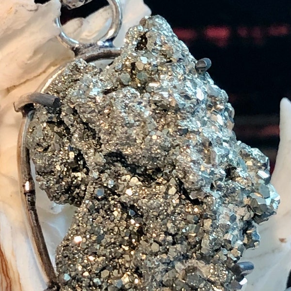 Large 1 5/8" Natural Pyrite Crystal Druzy Pendant Prong Set .925 Sterling Silver
