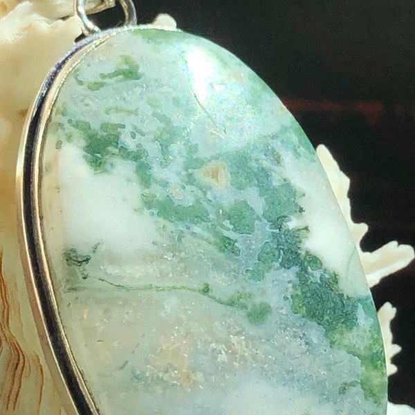 LARGE 2 3/8" Tree Agate Gemstone Pendant Oval .925 Sterling Silver