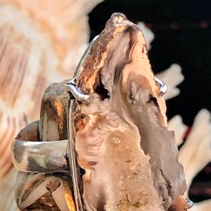Large 1 1/4&quot; Grey Agate Geode Druzy Statement Ring .925 Sterling Silver Size 7