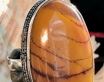 LARGE 1 3/4" Mookaite Jasper Statement Ring Oval Golden Brown .925 Sterling Silver Size 9