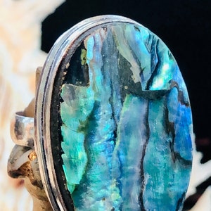 LARGE 1 1/4&quot; Australian Abalone Statement Ring Oval .925 Sterling Silver Size 8