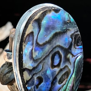 LARGE 1 1/4&quot; Australian Abalone Shell Statement Ring Oval .925 Sterling Silver Size 7