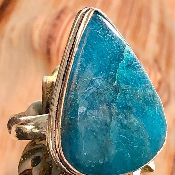 Large 7/8" Natural Blue Apatite Gemstone Ring Teardrop .925 Sterling Silver Size 7.5