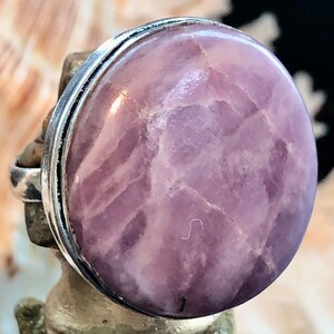 Large 1" Purple Lepidolite Natural Gemstone Ring Round .925 Sterling Silver Size 8