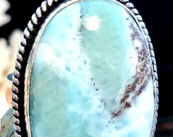 Large 1 1/8" Natural Larimar Gemstone Ring Oval Rope Edge .925 Sterling Silver Size 6.5