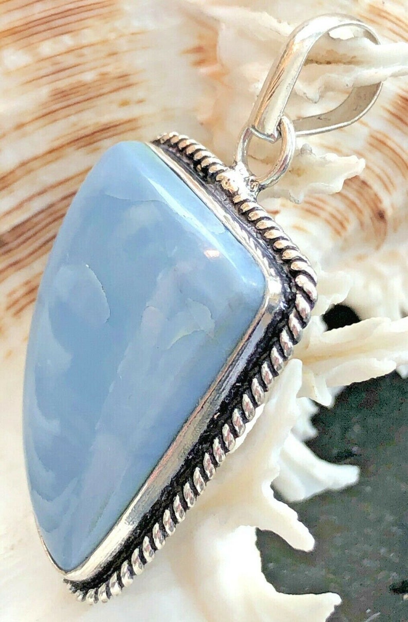 LARGE 2 Natural Oregon Owyhee Blue Opal Pendant Teardrop Rope Edge .925 Sterling Silver image 5