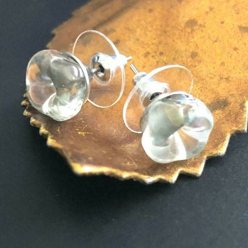 BUTTON Earrings VINTAGE Glass Flower Buttons Clear Crystal Wedding Post Back 38