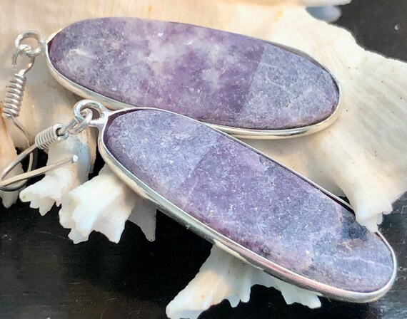 Natural Purple Lepidolite Gemstone Earrings Oval … - image 4