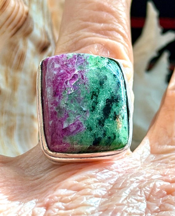 Large 1" Ruby Zoisite Gemstone Ring Rectangle .92… - image 2