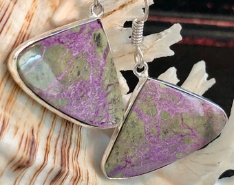 Natural Purpurite Earrings Purple and Green Teardrop .925 Sterling Silver 1 1/4"