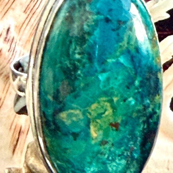 LARGE 1 3/8" Natural Chrysocolla Gemstone Ring Oval .925 Sterling Silver Size 8